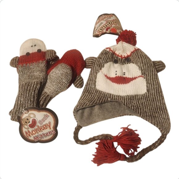 Sock Monkey Hat and Mittens - Picture 1 of 2